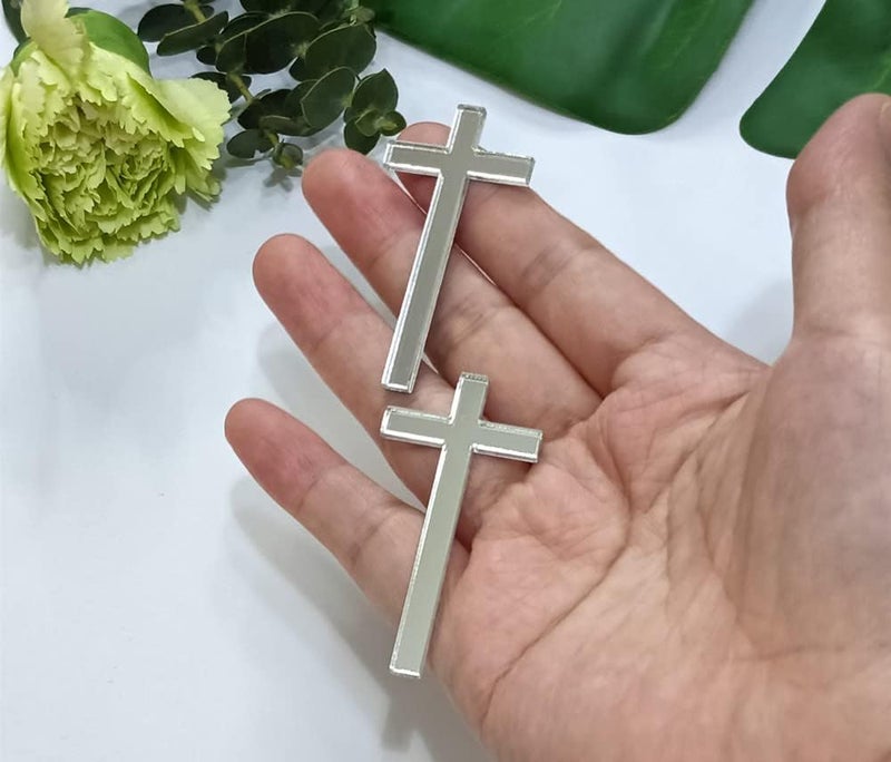 XIAOYUE 12pcs Skinny Thin Cross Cake Charm, Slim Acrylic Christening Baptism Confirmation, Cross Cake Decoration (3'', Silver Mirror) - Image 3